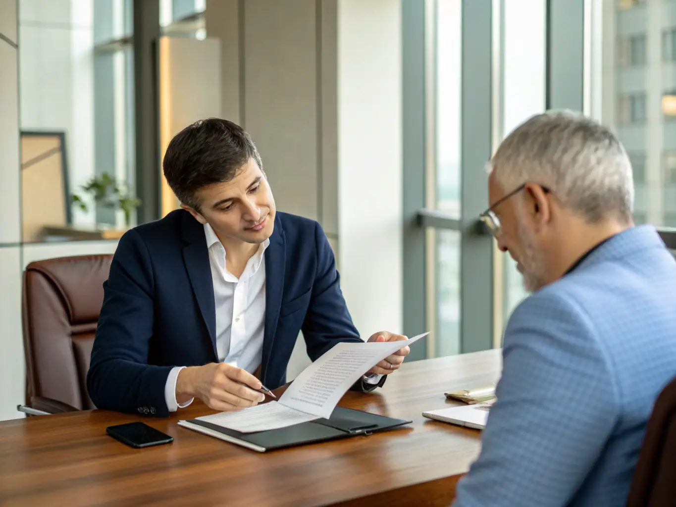 A professional attorney reviewing legal documents with a client in a modern office setting, symbolizing corporate legal services.