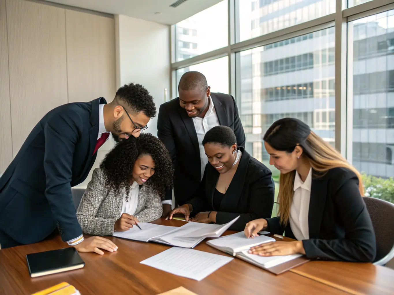 A diverse team of legal professionals collaborating in a modern, sunlit office, symbolizing a client-focused and collaborative approach to legal services at Max Law Firm.