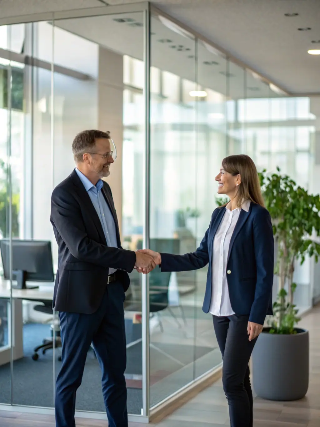 A diverse group of people shaking hands in a business setting, representing Max Law Firm's commitment to client-focused solutions. The image should convey trust and partnership.
